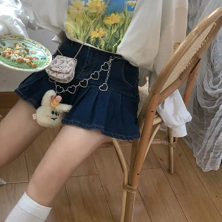 Retro Spice Girl Denim Skirt Kvinnors Sommar Ny Ins Koreansk Students Söta Cool Vind Mångsidig Tunn Pläterad Kjol X0428