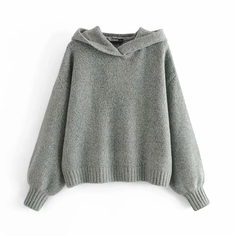 Casual Woman Grey Loose Hooded Sweaters Autumn Winter Fashion Ladies Soft Thick Pullover Girls Chic Oversized Knitwear 210515