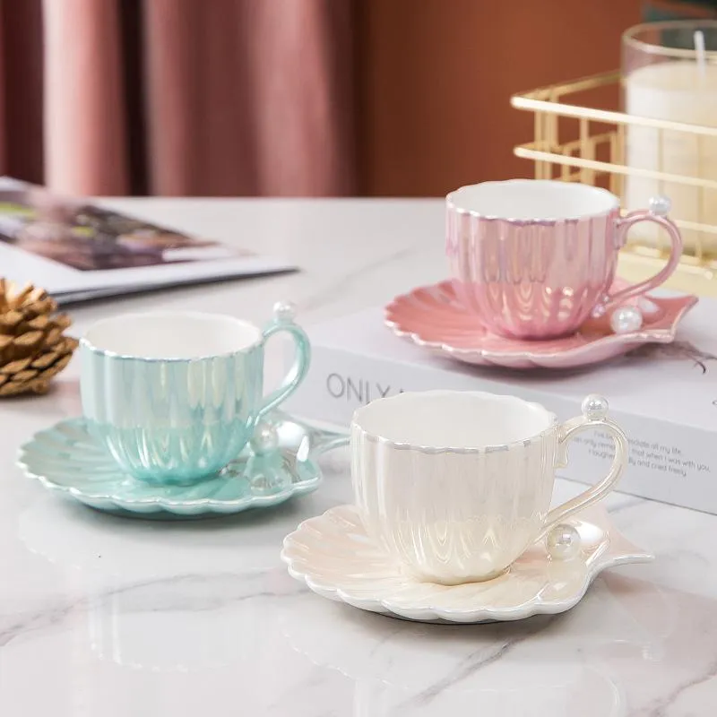 Кубок блюдца Nordic Pearl White Pink Green Sea Shell и керамический кофе или чай чашка набор подарков Идеи кухня домашнего офиса декор