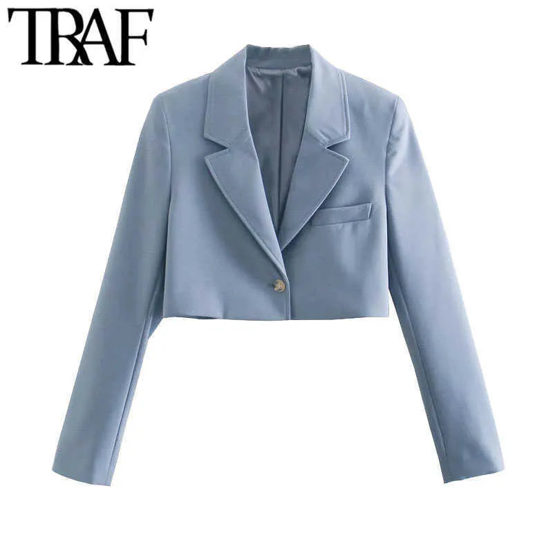 TRAF Women Fashion Single Button Beskuren Blazer Coat Vintage Långärmad Kvinnlig Ytterkläder Chic Veste Femme 210930