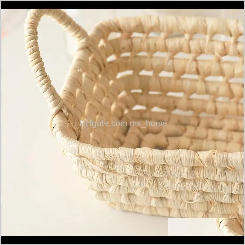 handmade straw storage basket corn husk fruit sundries organizer plant box flower pot with handle baskets