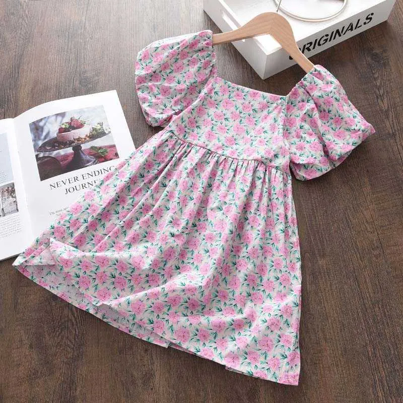 Flickor Casual Dresses 2021 Nya Sommar Kids Princess Fancy Kläder Puff Sleeve Barn Bröllopsfestkläder 1-6Y Q0716