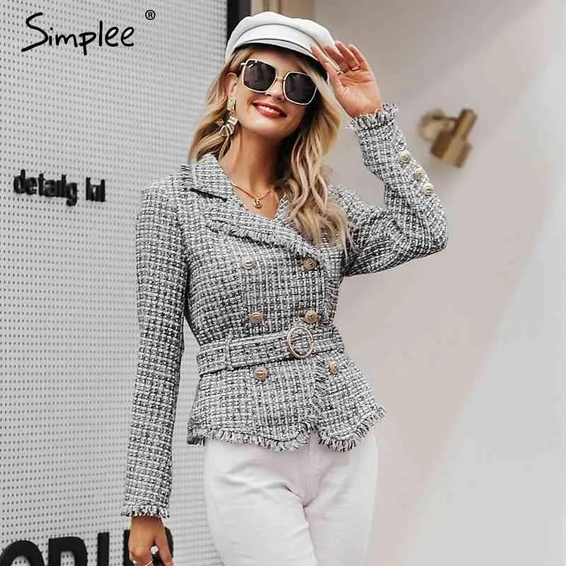 Plaid frayed edge tweed jacket Women v-neck double breasted button belt ladies Long sleeve outwear blazer coat 210414