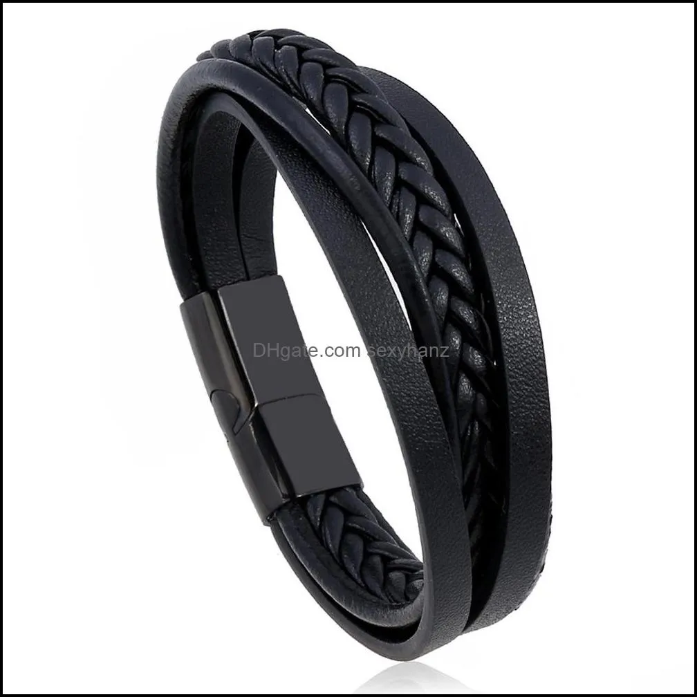 Punk vintage cowhide bracelet multi-layer stainless steel braided leather bracelet bracelet men`s jewelry