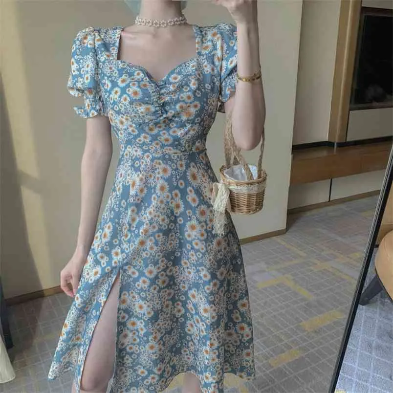 Korean Chic Vintage Daisy Print Dress Women Puff Sleeve Sundress Robe Femme High Waist A-line Summer Party Vestidos 210514