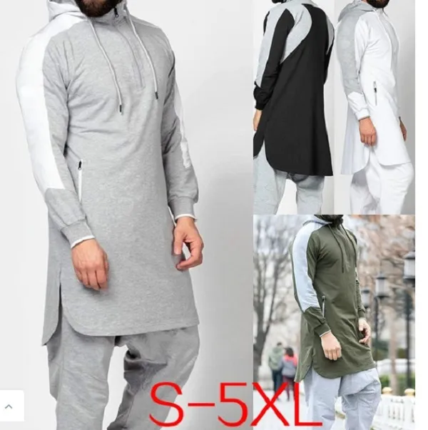 남성 Jubba Thobe Hoodies 이슬람 아랍어 이슬람 Abaya Dubai Kaftan Winter Long Sleeve Stitching 사우디 아라비아 스웨터