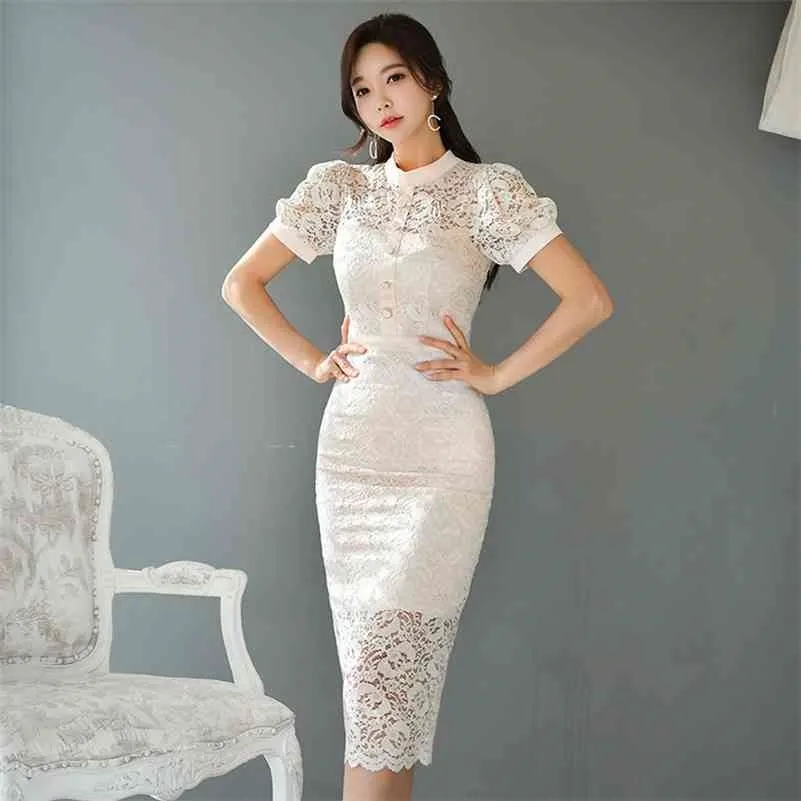 zomer slanke professionele jurk solide kant polyester korte knop knielengte reguliere 210416
