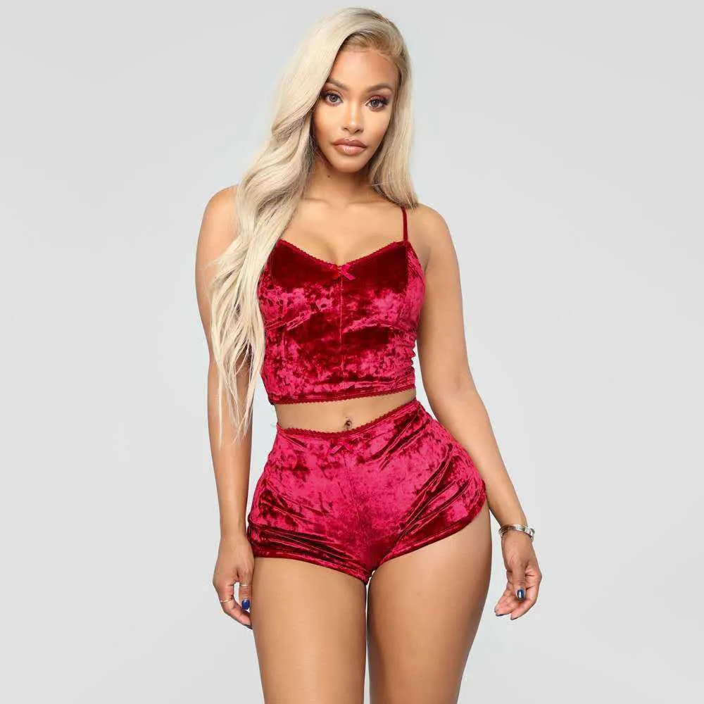 sexy set Mode féminine Couleur unie deux pièces lingerie sexy tenue sangle haut court avec short ensemble de vêtements de nuit grande taille Q0706272D