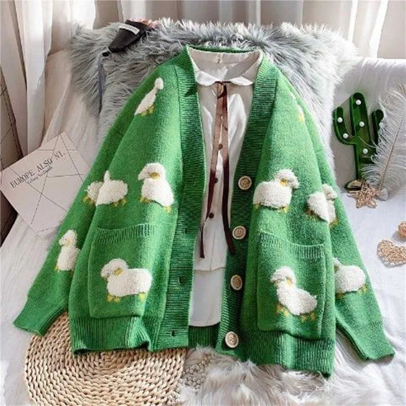 Embroidered Sheep Button Chunky Cardigan Sweater For Women Sweet