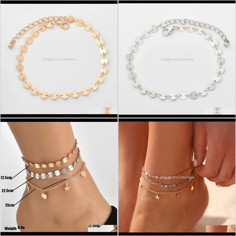 anklet sets 3pcs/set disc coin chain heart five-pointed star pendant gold silver plated for women girls foot gift