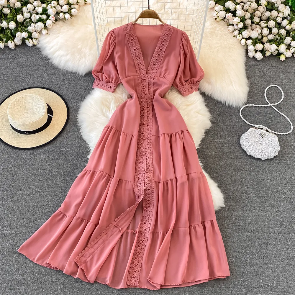 New Casual Solid Slim Full Lady Dress A Line V Neck Chiffon Pullover Mid-Calf High Waist Women Dresses 2024