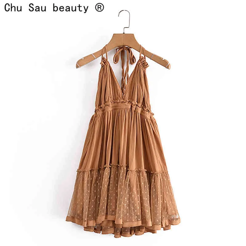 Summer Solid Color Lace Stitching V Neck Sexy Backless Mesh Short Dress Camisole Holiday Beach Female 210514