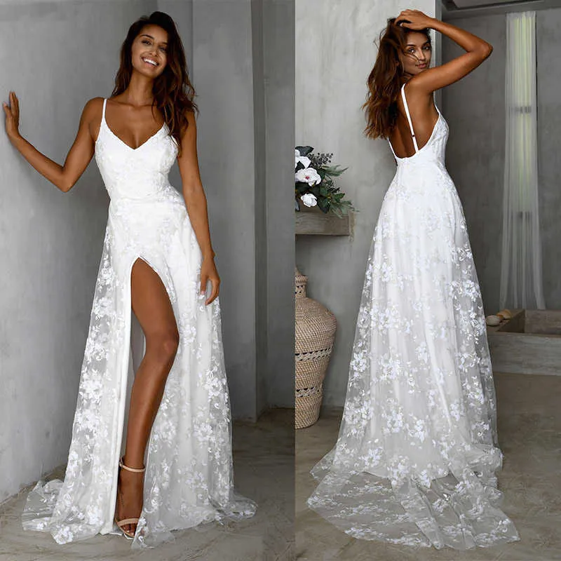 Women Boho Long Maxi Dress Summer Sexy Ladies Lace Beach Evening Party Wedding Dresses Sleeveless Sling V-Neck Slit Dress 210527