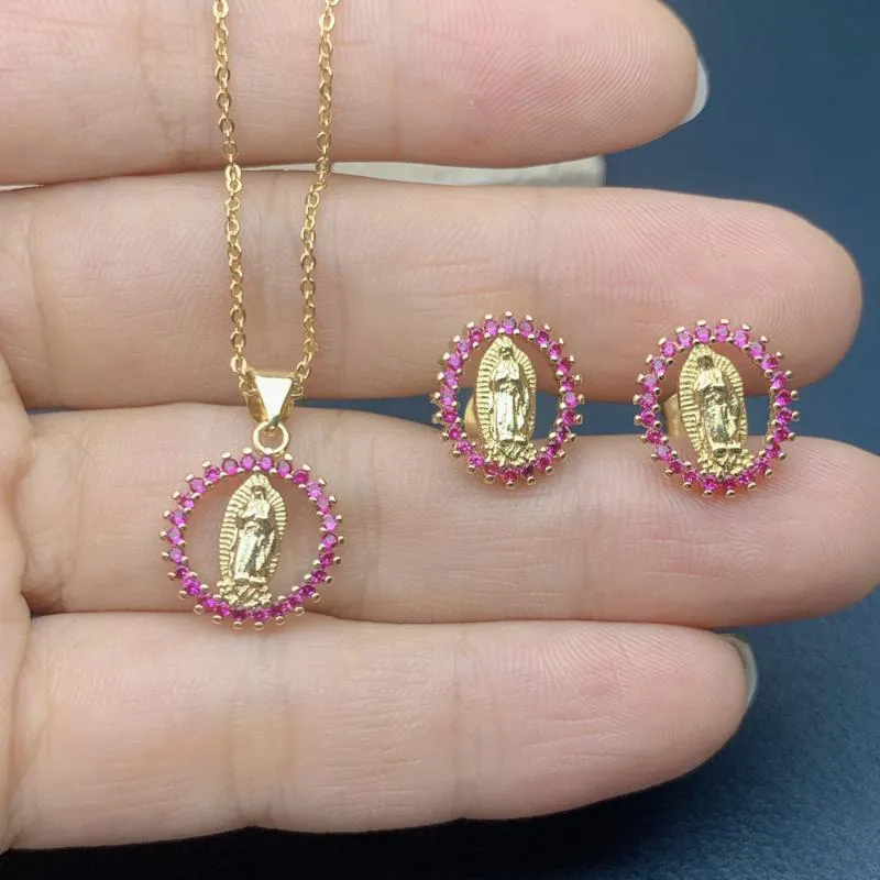 Brincos colar de nossa senhora de Guadalupe Jóias Virgens Jeias para mulheres e charme de religião cristalina de strass em ouvidos