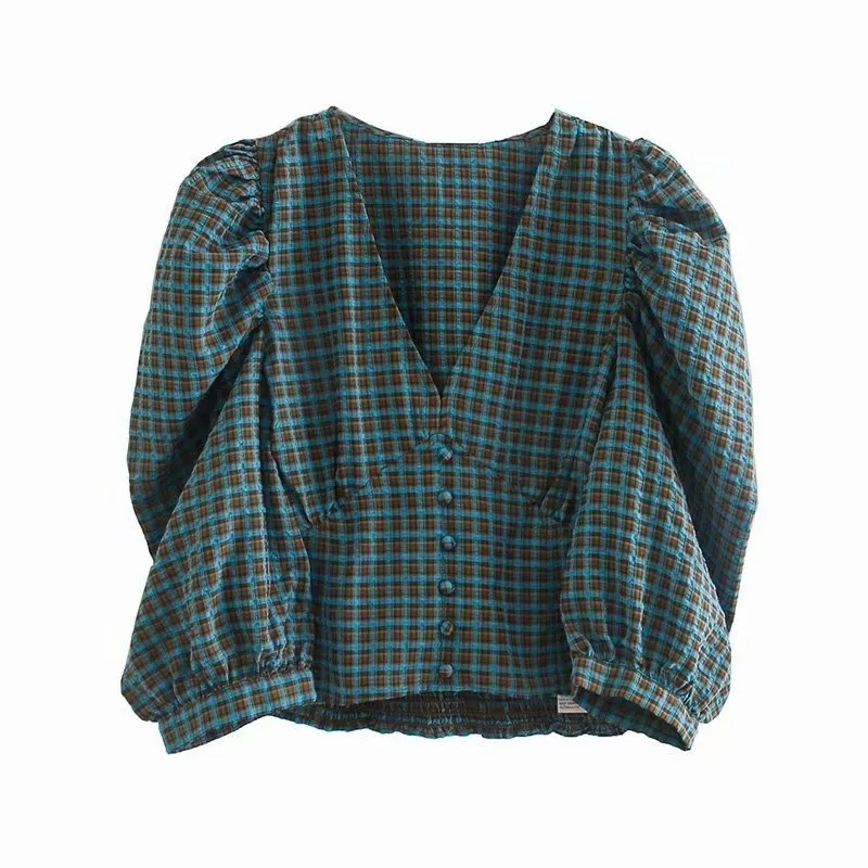 vintage v nacke kvinnor kort skjortor sommar mode knapp-flyga damer blusar casual plaid kvinnlig skjorta sexiga tjejer blus 210430