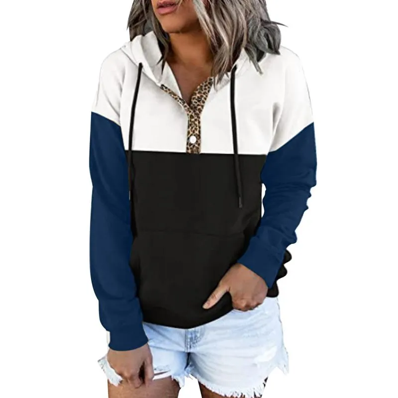 Sweats à capuche pour femmes Sweatshirts Casual Womens Hooded Leopard Print Button Down Drawstring Pocket Long Sleeve Pull Moletom