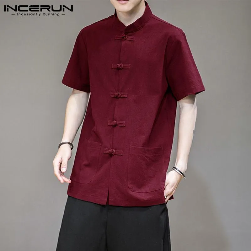 Męskie koszule Casual Koszulki Koszulki Męskie Koszula Solidna Kolor Mandarin Collar Bawełna Vintage Tang Suit Button Krótki Rękaw 2021 Odzież