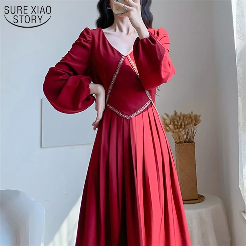 Printemps coréen Vintage tempérament rouge longue robe femmes manches bouffantes plissées mi-longueur taille haute 12911 210508