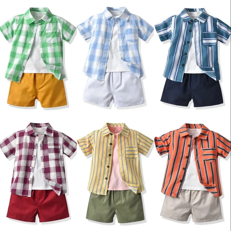 Zestawy odzieżowe dla dzieci Chłopcy Stroje Kraty Dzieci Plaid Stripe Koszula Koszulki Koszulki Spodenki 3 sztuk / Set Lato Moda Boutique Baby 1791 B3