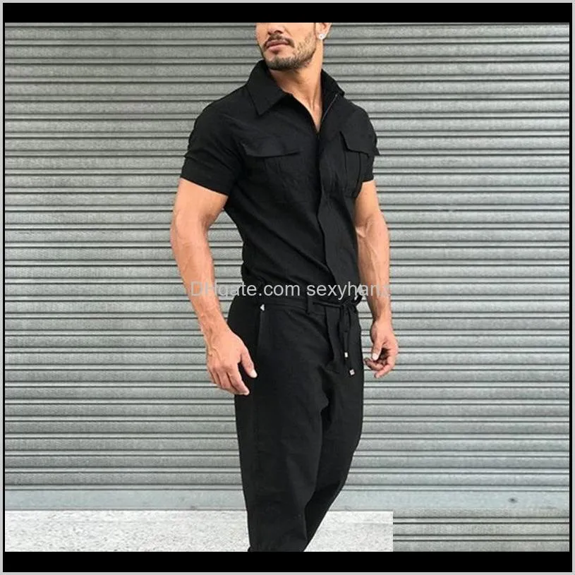 jumpsuit men casual loose solid joggers streetwear shortsleeve fashion straight tops+pants men rompers cargo overalls sweatpants qihb#