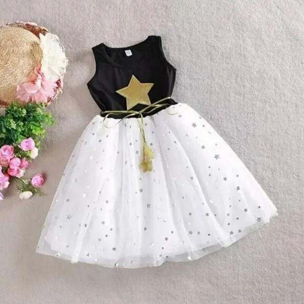 White Black Summer Kids Girl Dresses Gold Star Baby Clothes Casual Cute Lovely Cotton Voile Party Children Tutu Dress for Girls Q0716