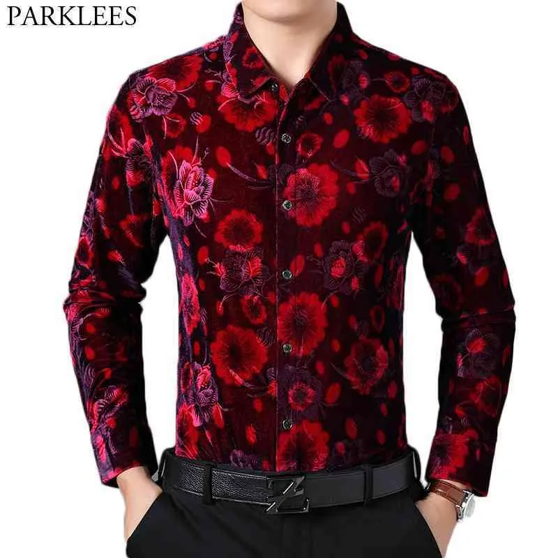 Mens Red Floral Velvet Dress Shirts Stylish Slim Fit Long Sleeve Chemise Homme Casual Social Wedding Party Chemise 4XL 210522