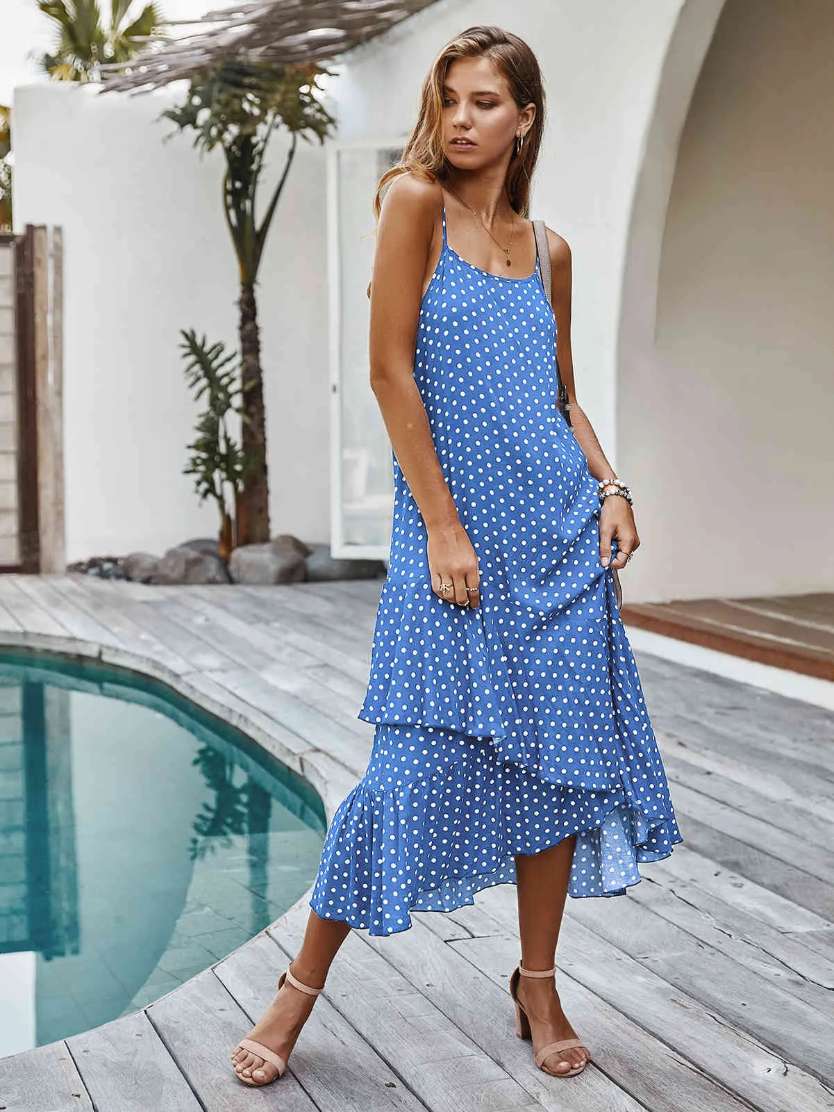 Product Title: Plus Size Sleeveless Dot Summer Midi Dress with Ruffles - Pink, Blue, and Green Summer ClothesProduct Description: This plus-size Product Title: Plus Size Sleeveless Dot Summer Midi Dress with Ruffles - Pink, Blue, and Green Summer ClothesProduct Description: This plus-size