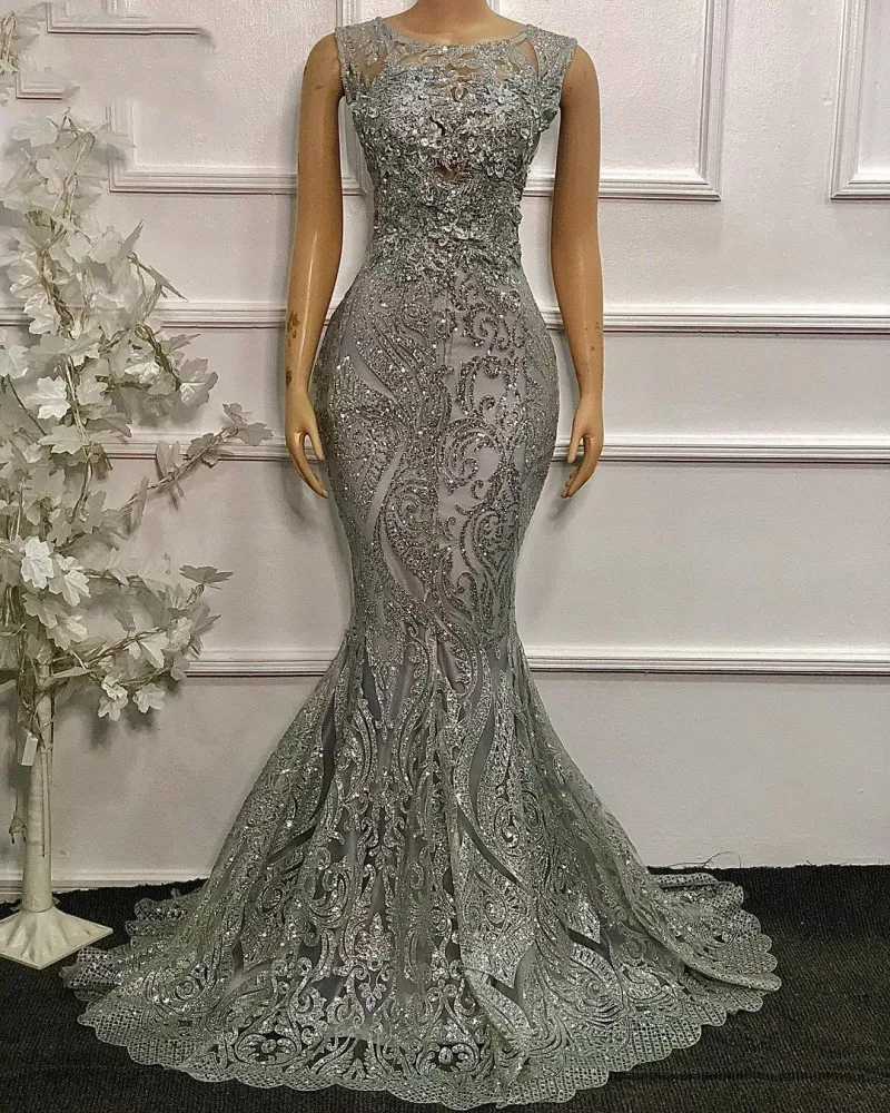 2021 Abiti da sera a sirena d'argento lucido Applique in pizzo con paillettes Dubai Abiti da ballo Caftano Boda robe de soir￩e mariage