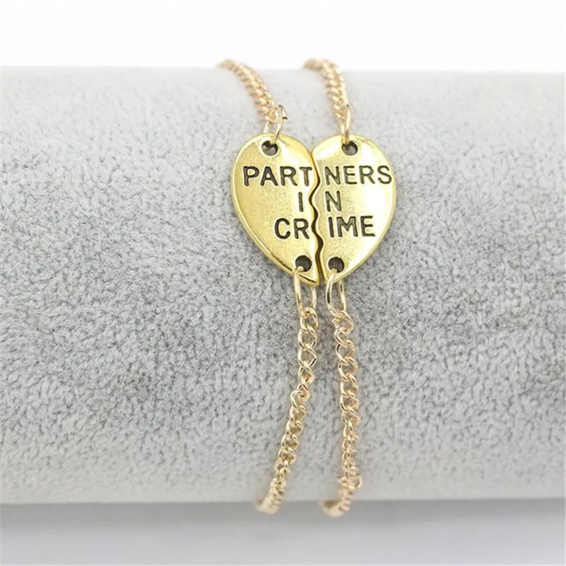 Retro litera naszyjnik partnerzy w przestępstwie dobrzy przyjaciele Para bransoletka dla mężczyzn kobiety w kształcie serca kawałek wykwintne dławiki biżuterii