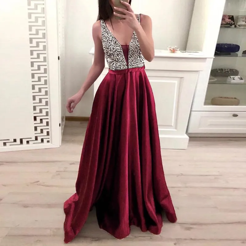 Casual klänningar för kvinnor 2021 Elegant sommar mode v-hals kväll party damer gown sequins formell prom lång klänning