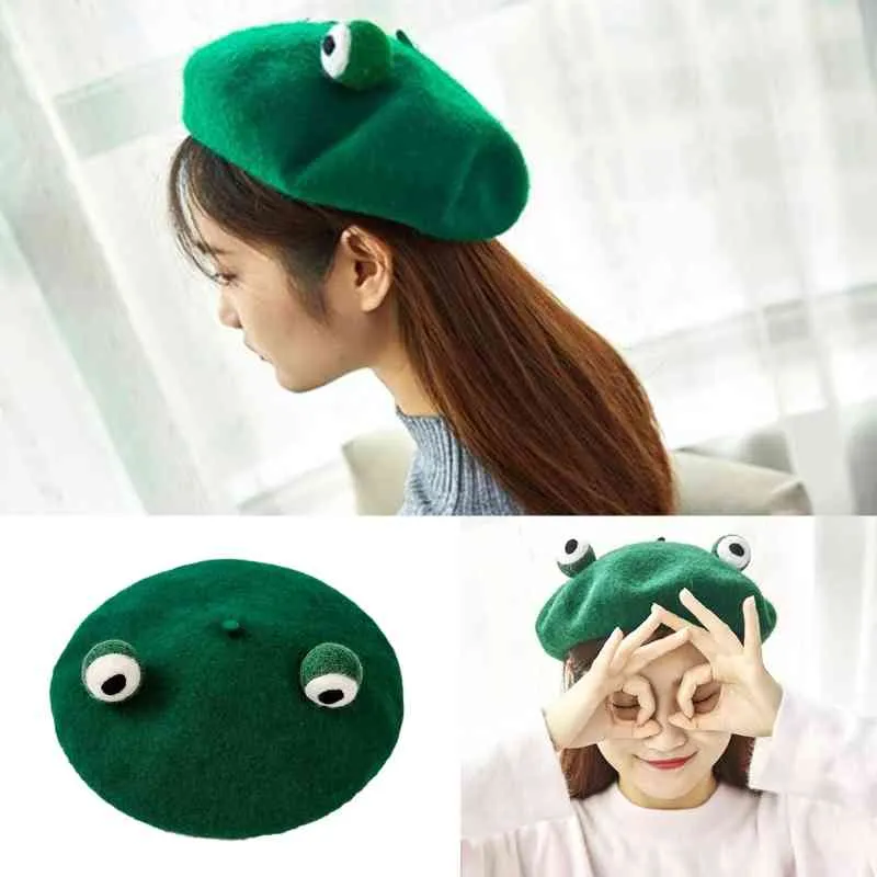 Green Frog Eyes Beret Hat Green For Women Winter Faux Wool Kawaii ...