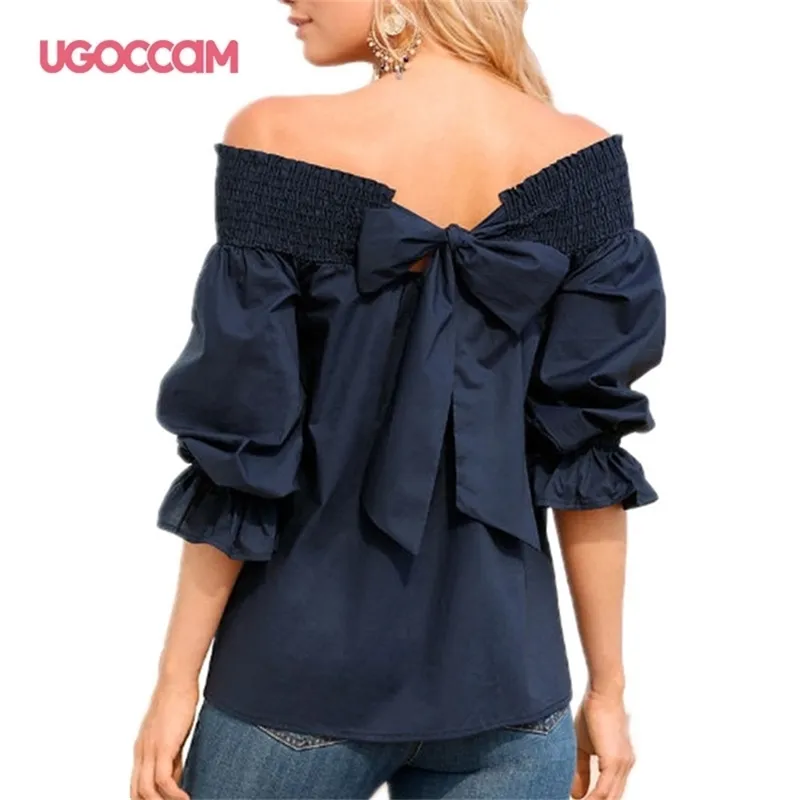 UGOCCAM Frauen Weg Schulter T-shirt Laterne Hülse Rüschen Sexy Sommer Weißes T-shirt Casual Plus Größe Top Frauen blusas de mujer 210722