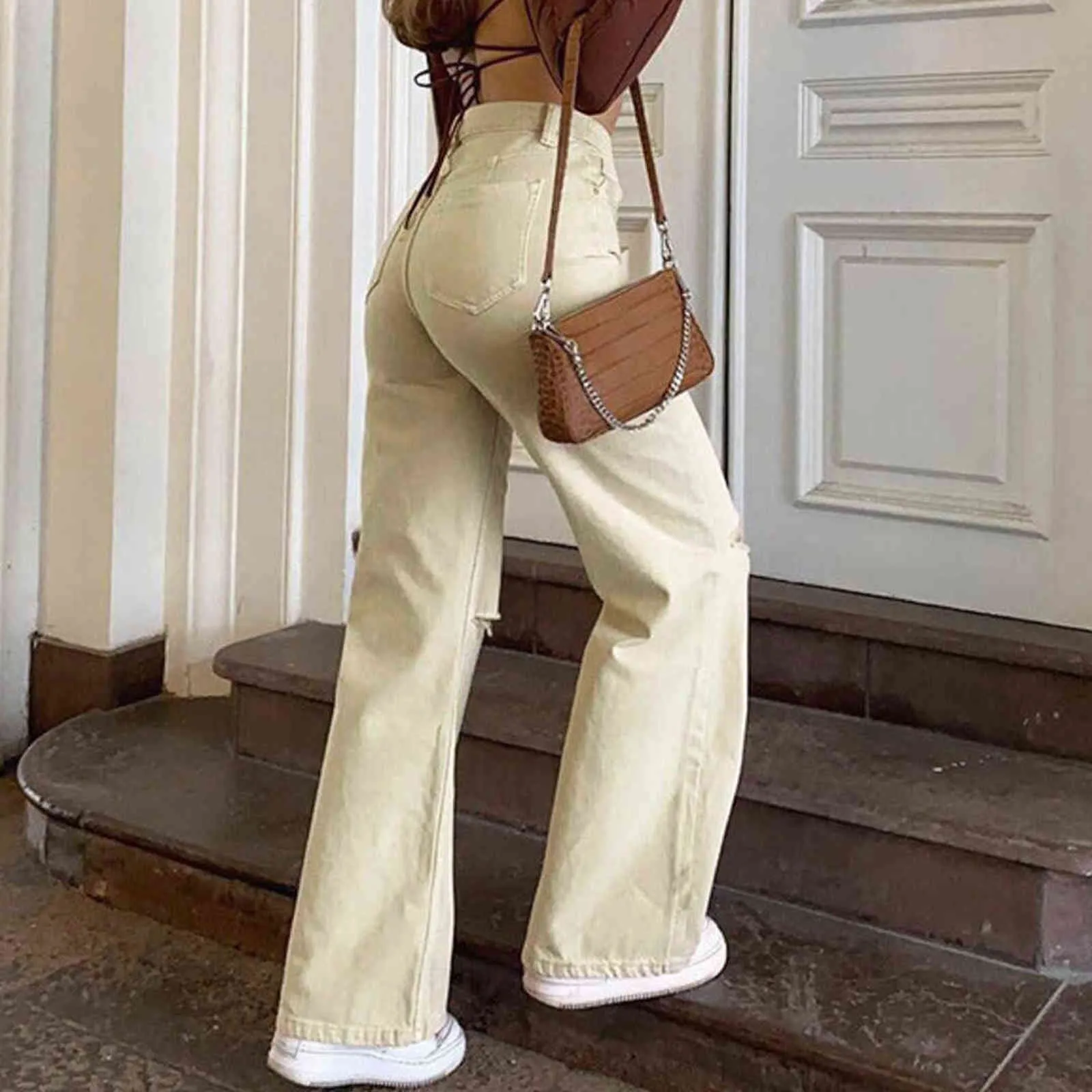 Autumn High Waist Womens Jeans Straight Pants Streetwear Knee Hole Jeans Wide Leg Pants Loose Girls Classical Trousers Ripped Y211115