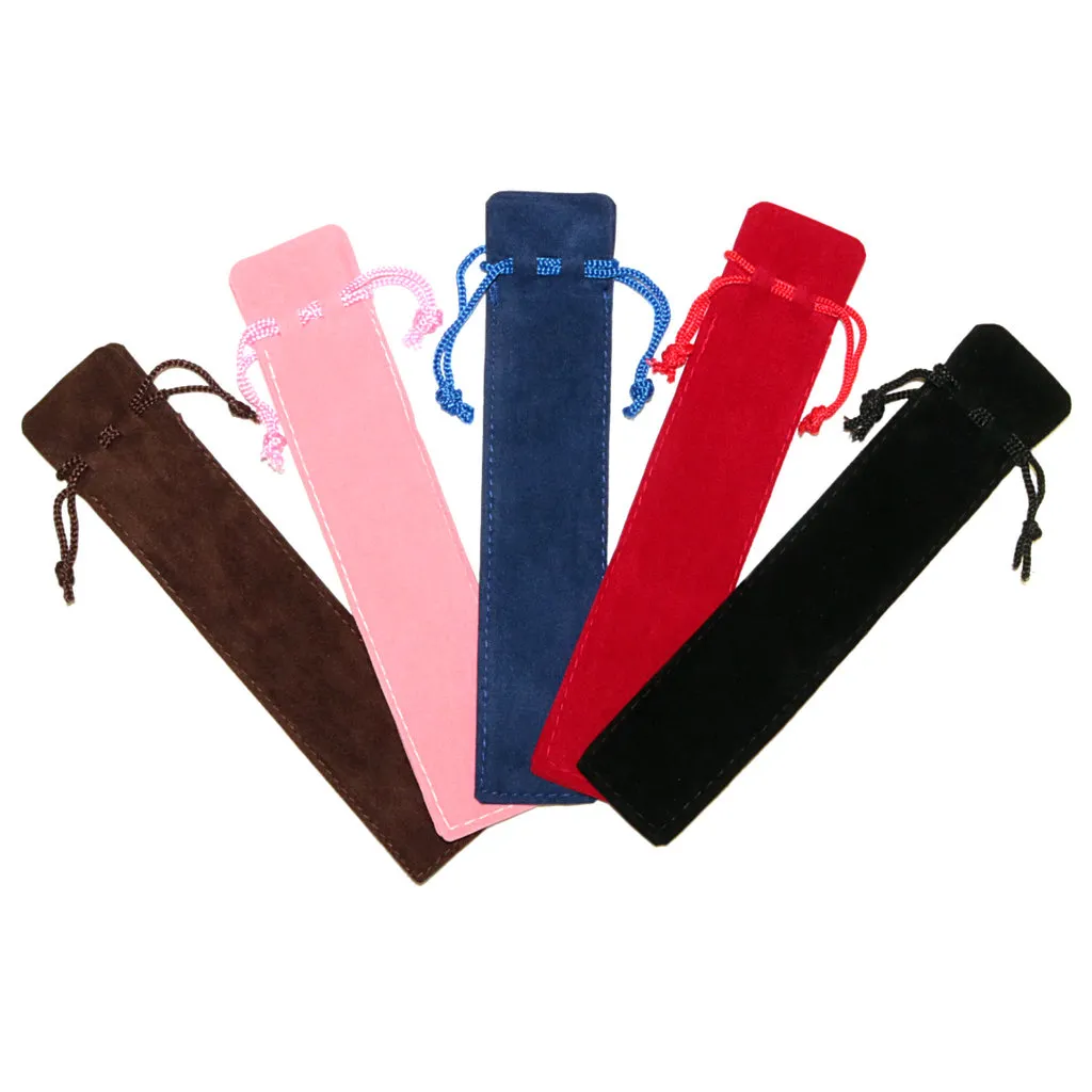 50st / Lot Svart Velvet Drawstring Single Pencil Bag Poch Holder Pen Väska Väskor med rep för Rollerball / Fountain / Ballpoint