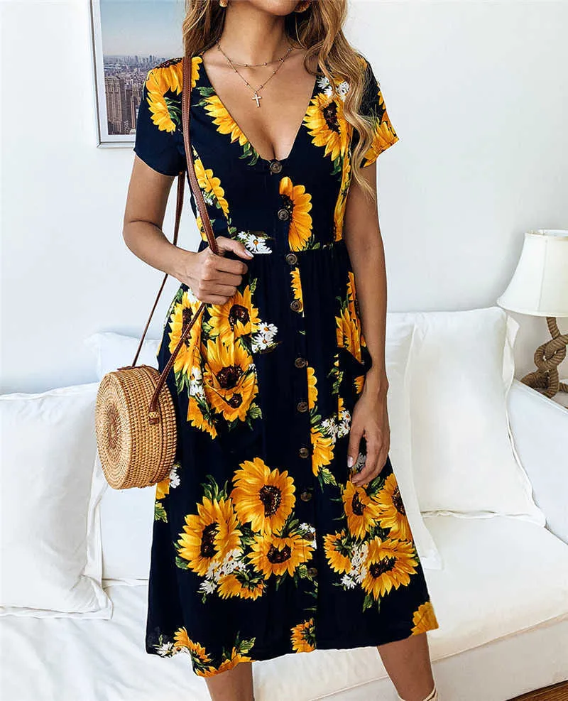 Leviortin Designer Button Dress 2019 Summer Short Sleeve V-neck Beach Dresses Women Midi Floral Sunflower Dress with Pockets (7)