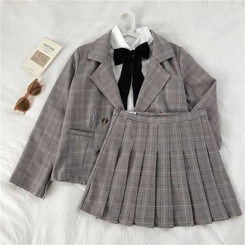 Femmes costume coréen plissé plaid jupe manteau solide à lacets chemise étudiant femmes vestes blazer 211019