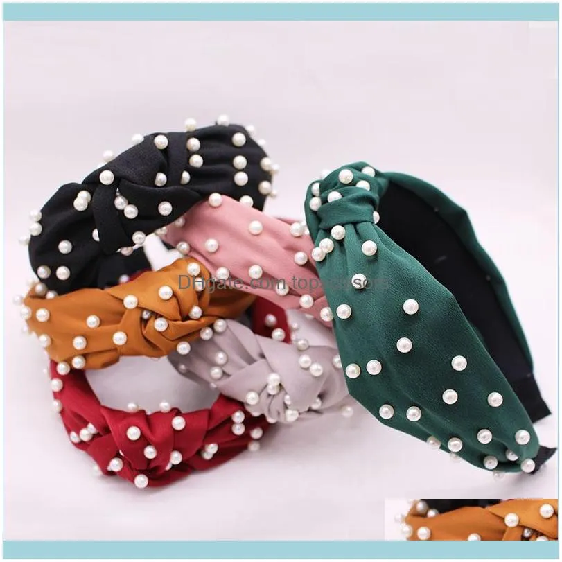 Summer Spring Bohemian Solid Color Satin Center Knot Wide Hairband With Pearl Beads Knotted Hair Accessories1