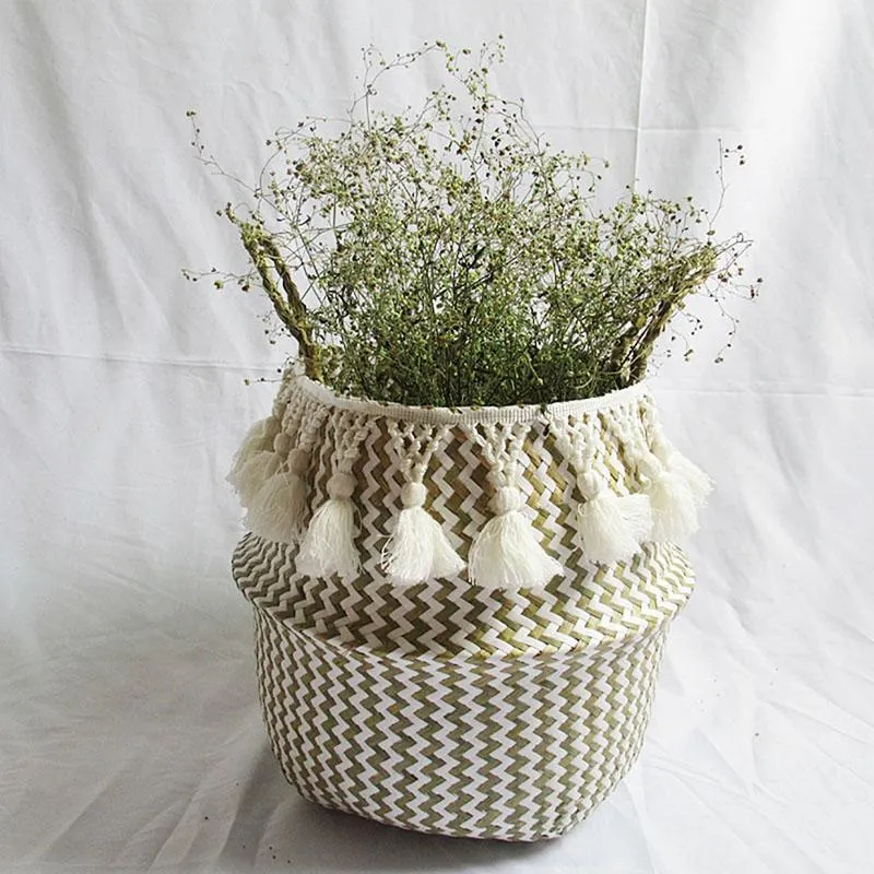 Paniers de rangement 10 couleurs Bambou Seagrass Panier en osier Jardin Pot de fleur Conteneur à linge avec pompon blanc