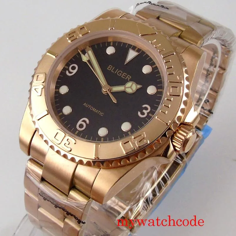Full Rose Gold Plated Automatic Men Watch Sapphire Crystal Black Dial NH35A Rörelse Datum Oyster Armband Armbandsur