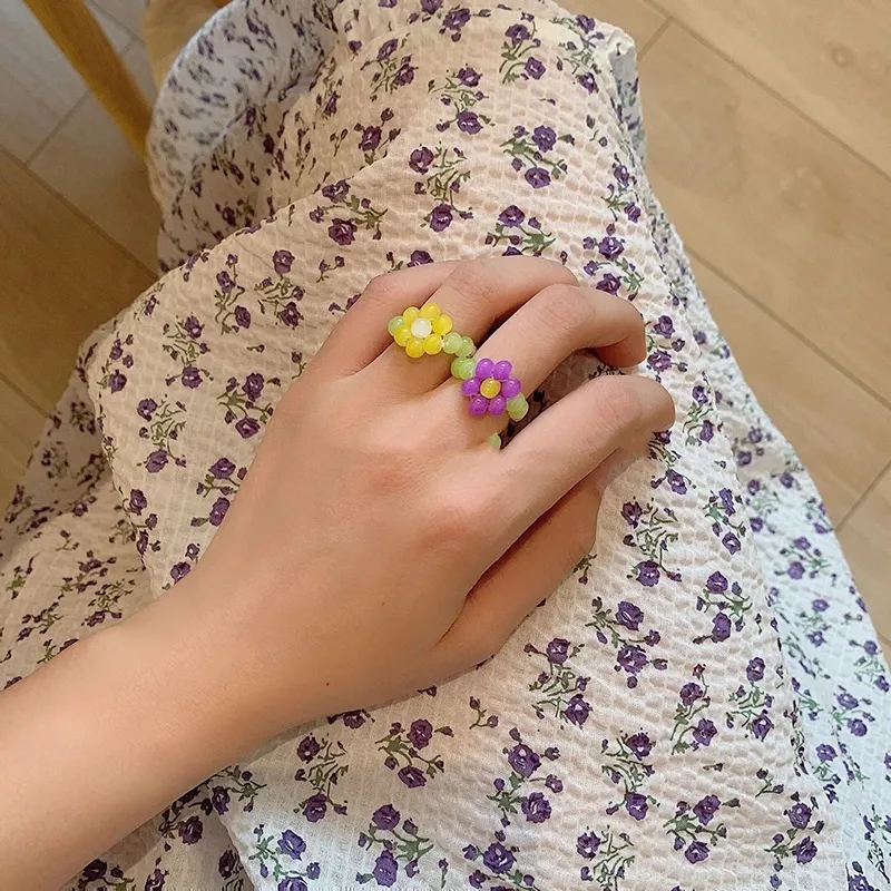 Hartsring enkel blå röd vit elastisk finger ringar söt pärla blomma justerbar ring för kvinnor blommig smycken bague femme