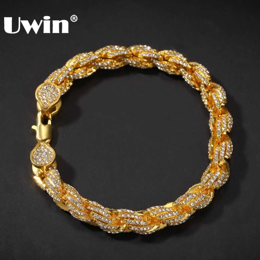 Uwin Hiphop Wome Mens Fashion Rope Chain Armband Bling Rhinestones 9mm Guldfärg Iced Out Smycken Armband 210609