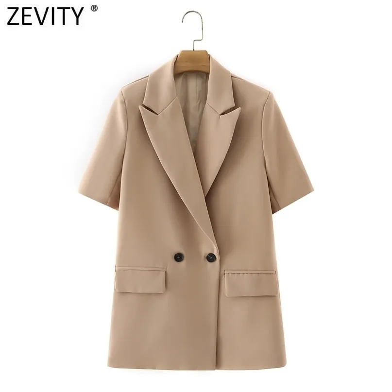 Zevity Women Fashion Short Sleeve Fitting Blazer Coat Office Ladies Pockets Casual Suits Double Breasted Chic Summer Tops CT672 211122