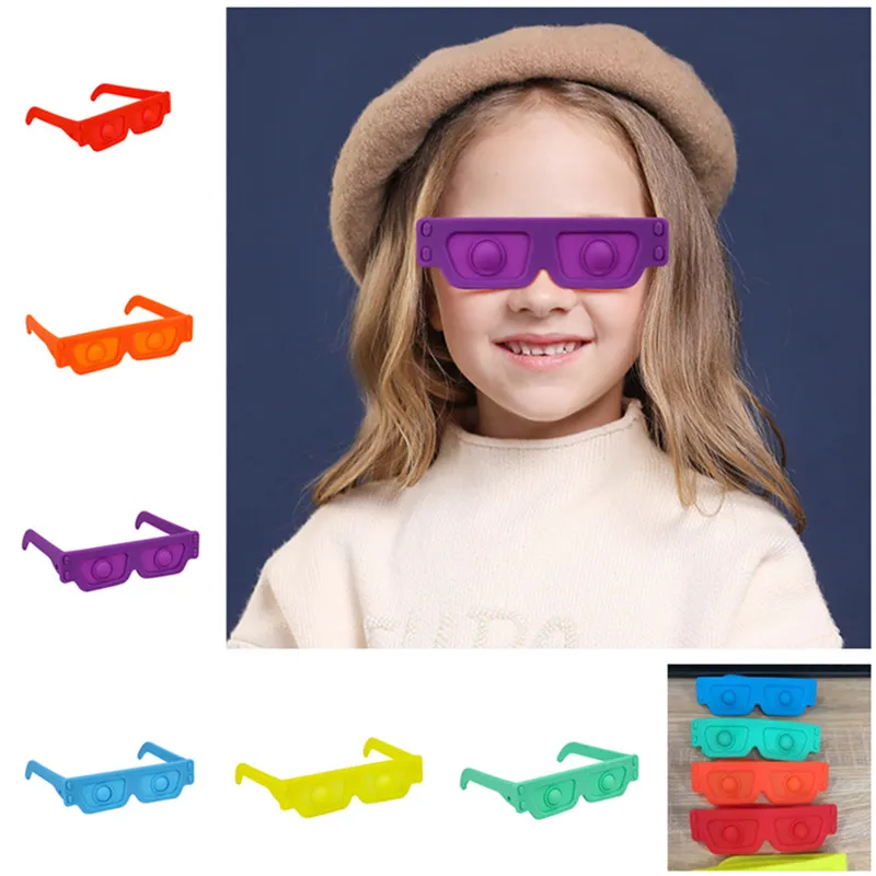 Artículos de fiesta Gafas de sol Forma Fidget Juguetes Popper Bubble Squeeze Rompecabezas sensoriales Empuje Burbujas Silicona Gafas de sol Juego de escritorio Regalo para niños 6 colores