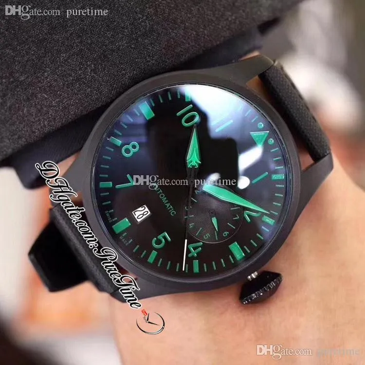 46mm IW500433 7 jours de réserve de marche automatique montre pour homme PVD Stell All Black Number Green Markers Bracelet en cuir nylon 2022 Montres Puretime E103C3