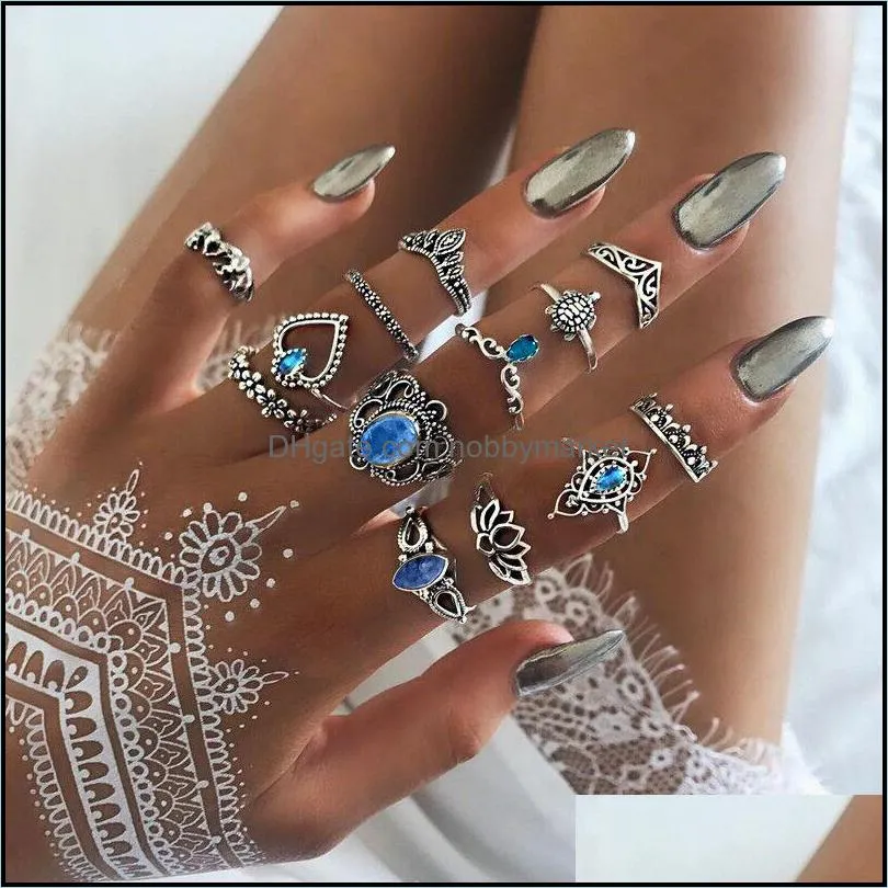 10 Styles Bohemian Antique Silver Rings Set For Women Retro Hand of Fatima Elephant flower Ankh Crescent Midi Knuckle Finger Ring