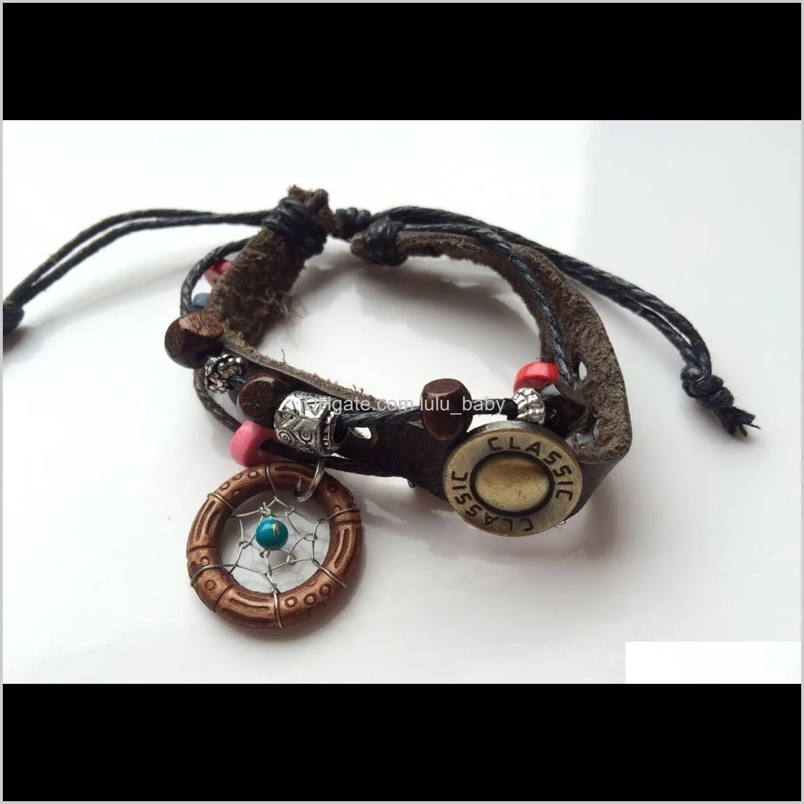new arrival handmade indian dream catcher bracelet with wooden beads pu leather women jewelry legend style girls
