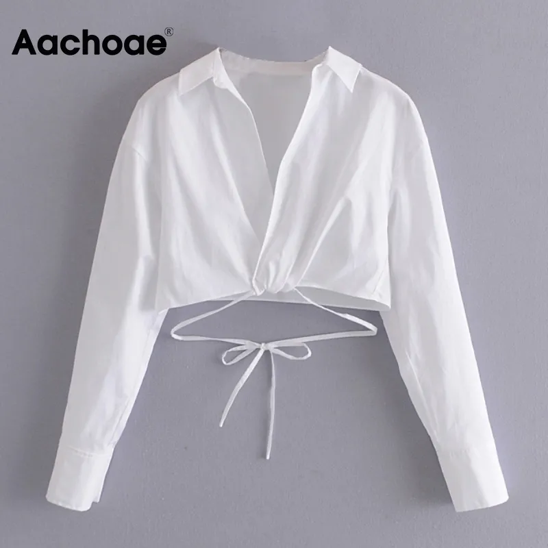 Women Streetwear White Cropped Shirt Bow Tie Crossover Chic Shirts Long Sleeve Casual Blouse Tunic Tops 210413