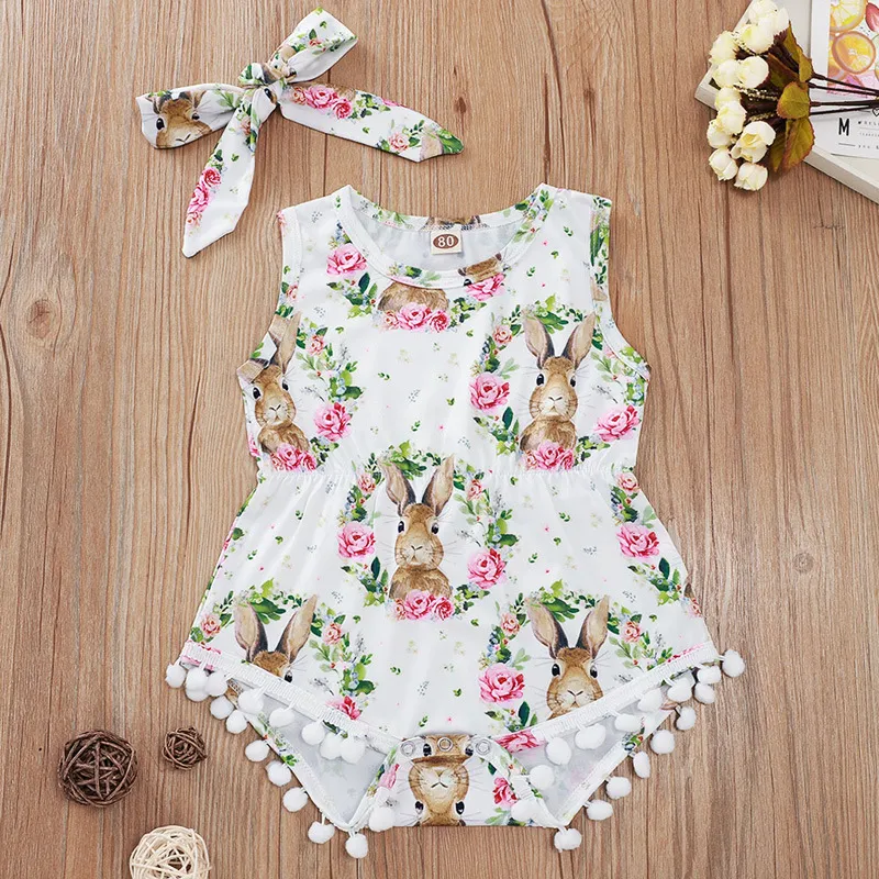 Summer Baby Girls Clothes Sets Fashion Girl Outfits 2pcs Rabbit Garland Printed Sleeveless Easter Ball Border Haka Tiara Child Crawling Suit Kids Clothing