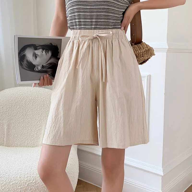 Cotton Linen Pants Summer Breathable Knee Wide-leg Loose Plus Size Trousers Women Short Pantalones De Mujer Q0801