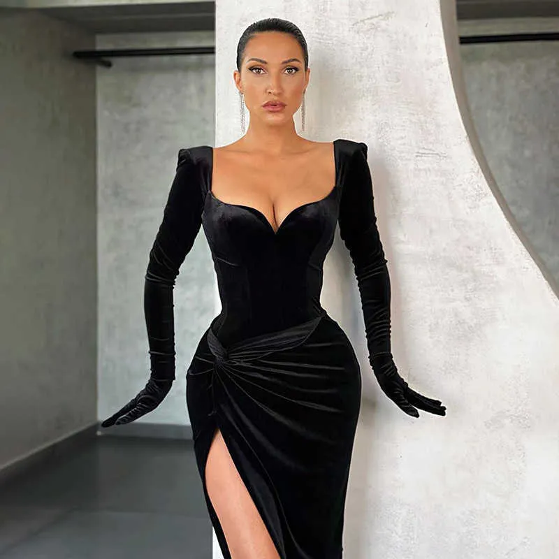 女性のドレス黒いベルベットのセクシーなスプリットVネックドレス手袋袖の袖ファッションガウンクラブパーティーミディド​​レス秋Q0712
